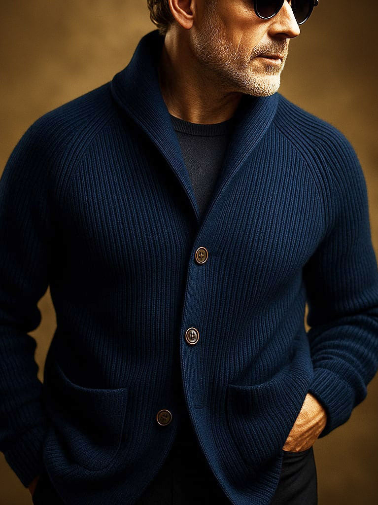 Close-up of the sleeve cuff and hemline of the men's wool blend cardigan, showcasing the detailed finishing.
