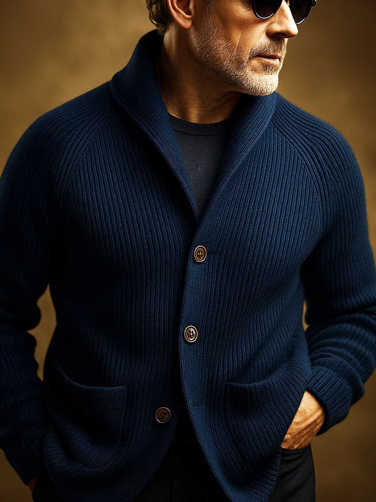 Close-up of the sleeve cuff and hemline of the men's wool blend cardigan, showcasing the detailed finishing.