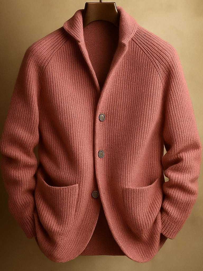 Close-up of the shawl collar and three-button closure detail on the Florian men's cardigan, highlighting craftsmanship.