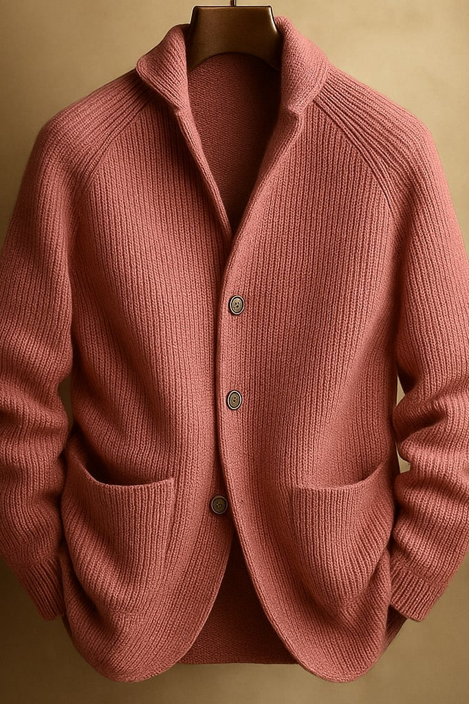 Close-up of the shawl collar and three-button closure detail on the Florian men's cardigan, highlighting craftsmanship.
