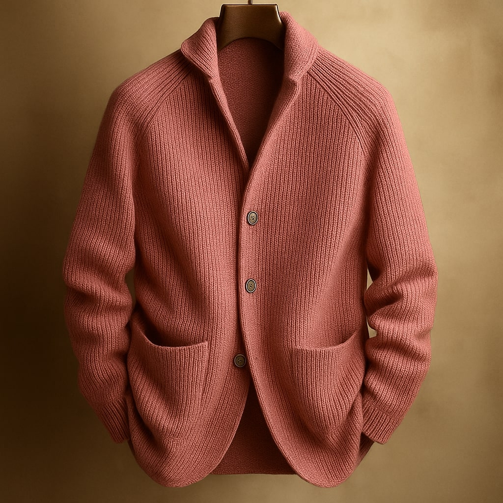 Close-up of the shawl collar and three-button closure detail on the Florian men's cardigan, highlighting craftsmanship.