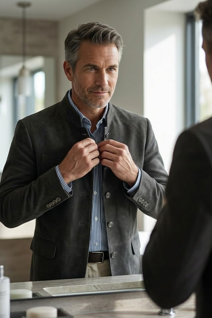 Side profile of a man wearing the Florian tailored formal blazer, highlighting the impeccable fit and clean lines.