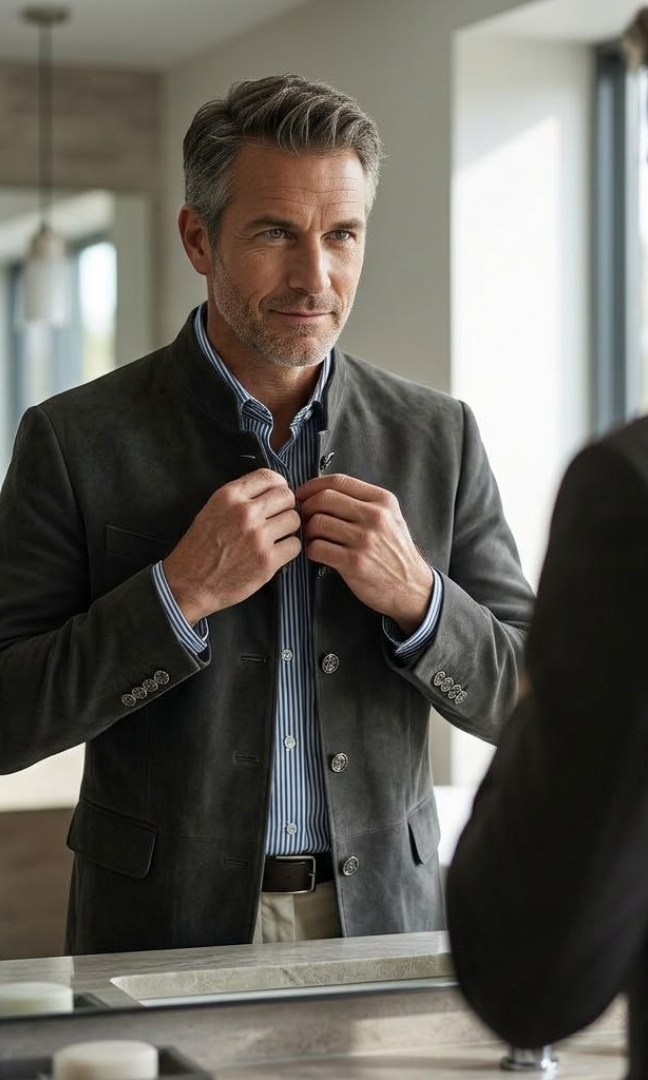 Side profile of a man wearing the Florian tailored formal blazer, highlighting the impeccable fit and clean lines.