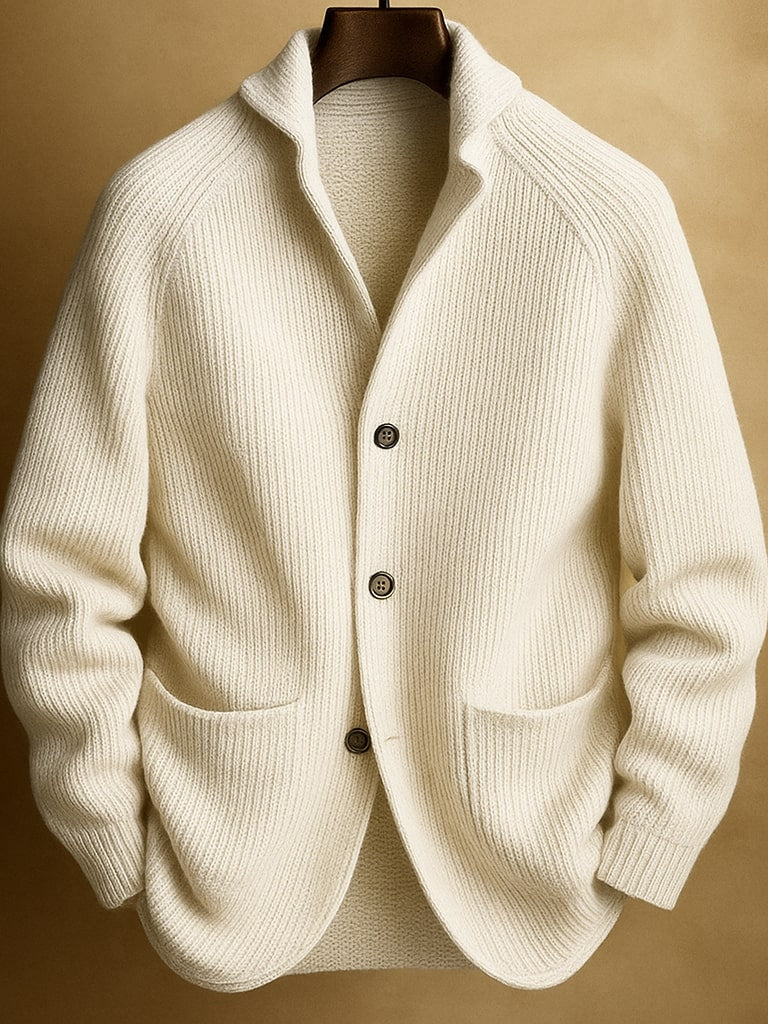 Side profile view of the Florian wool blend cardigan, draped smoothly, emphasizing the relaxed yet structured fit.