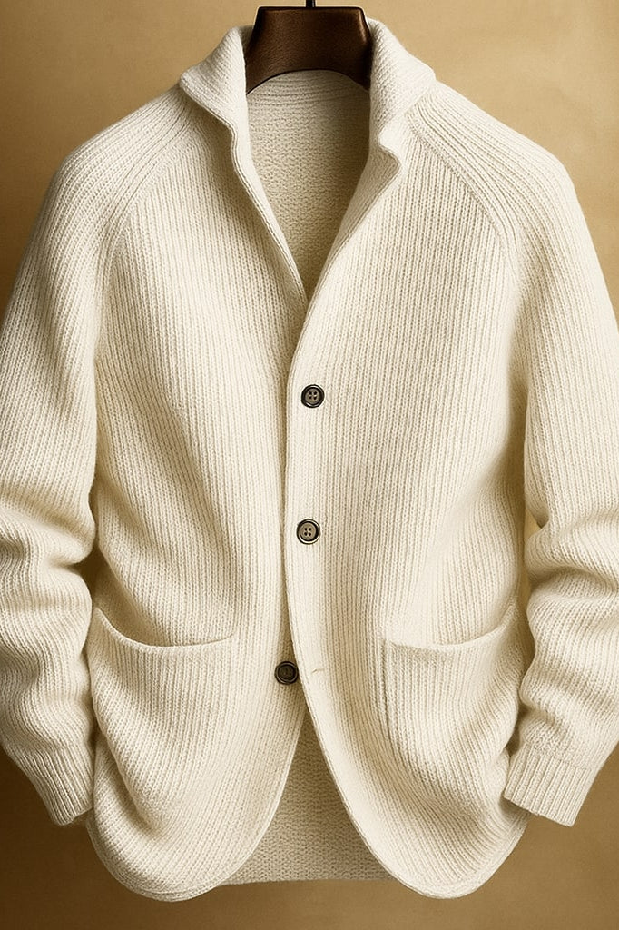 Side profile view of the Florian wool blend cardigan, draped smoothly, emphasizing the relaxed yet structured fit.