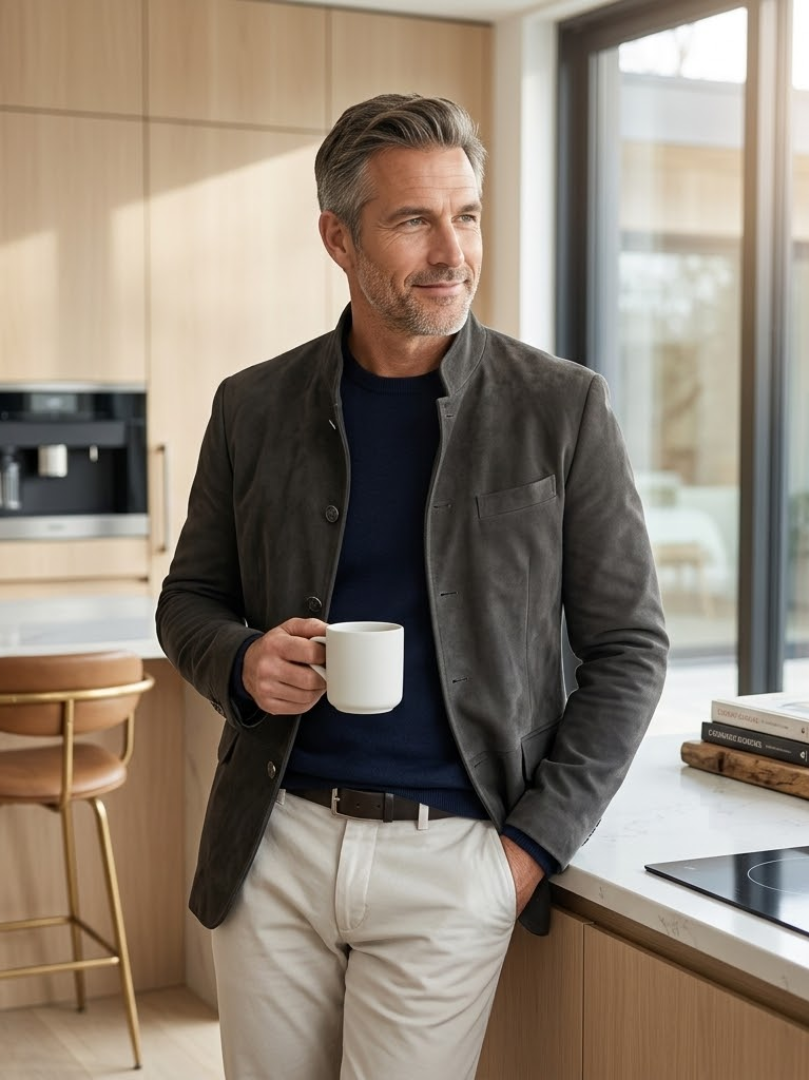 A man in the navy blue Florian tailored formal blazer, styled casually with a t-shirt, demonstrating versatility.