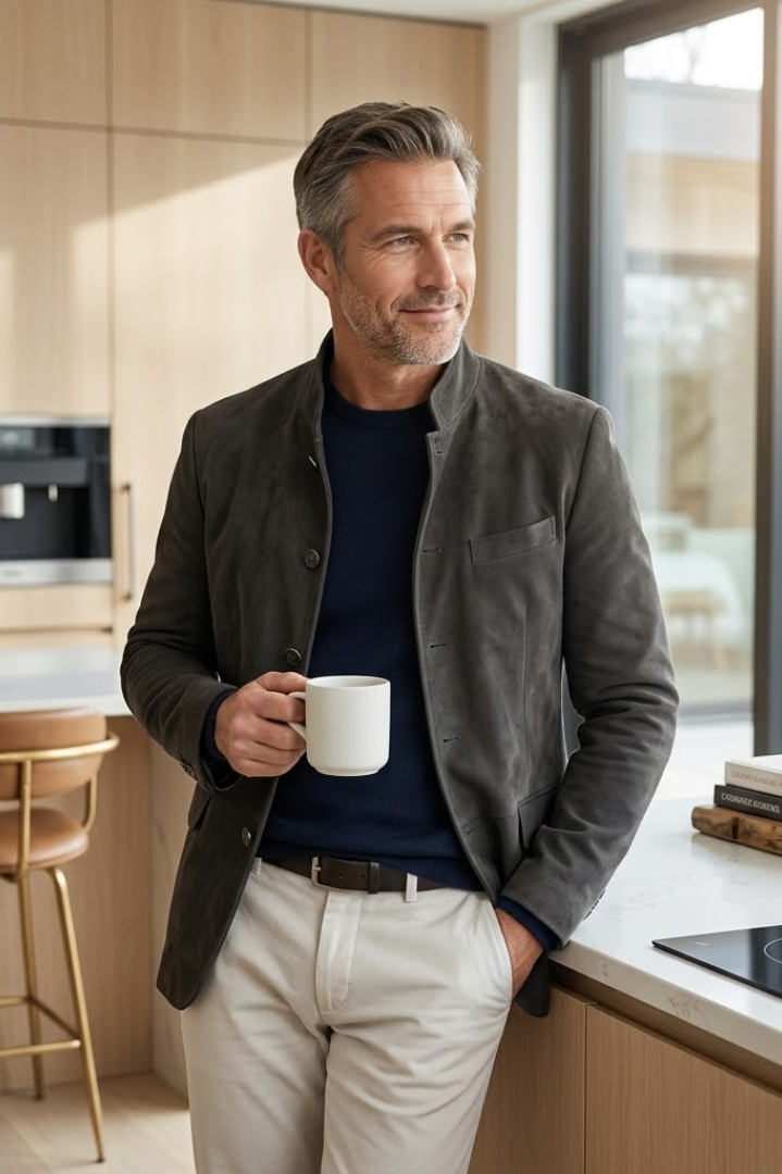A man in the navy blue Florian tailored formal blazer, styled casually with a t-shirt, demonstrating versatility.