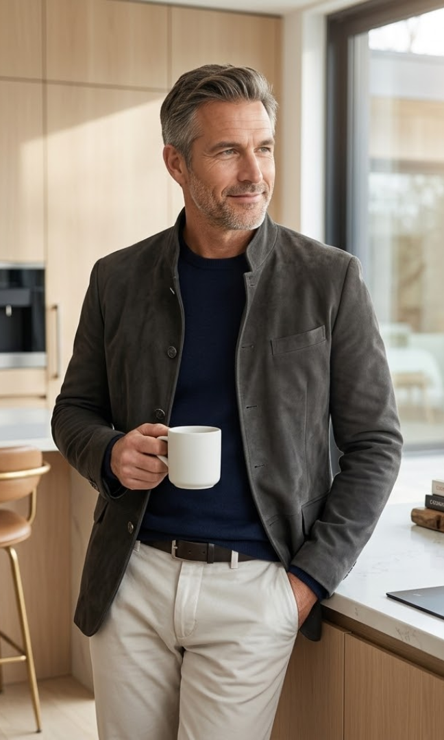 A man in the navy blue Florian tailored formal blazer, styled casually with a t-shirt, demonstrating versatility.