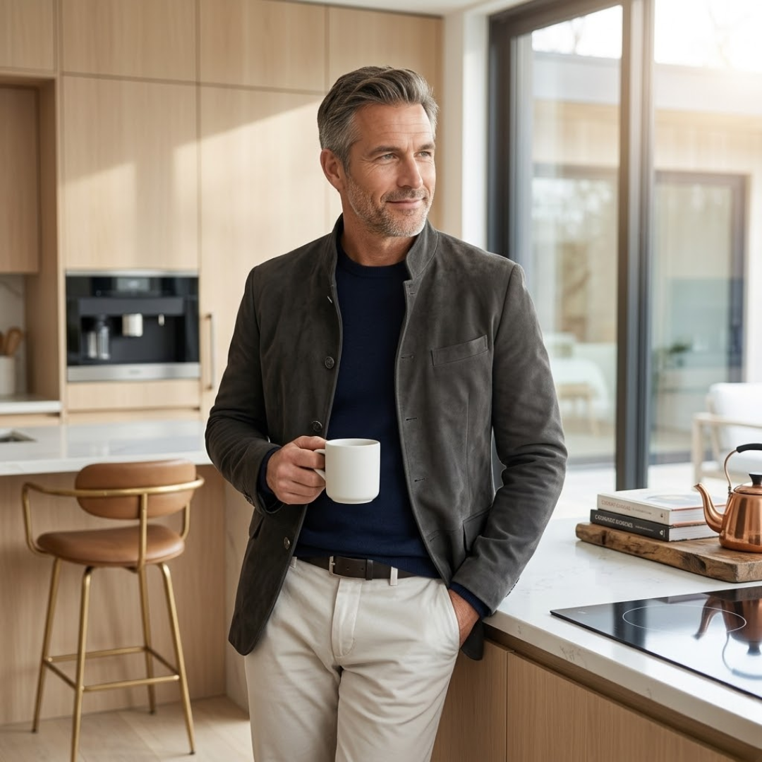 A man in the navy blue Florian tailored formal blazer, styled casually with a t-shirt, demonstrating versatility.