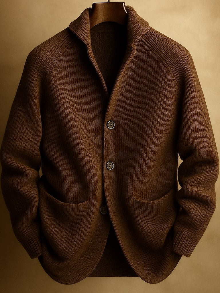 Back view of the men's wool blend cardigan, showing the consistent ribbed pattern and overall drape of the garment.