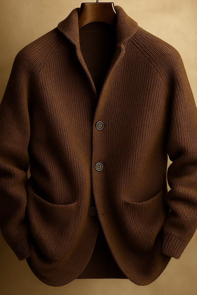 Back view of the men's wool blend cardigan, showing the consistent ribbed pattern and overall drape of the garment.