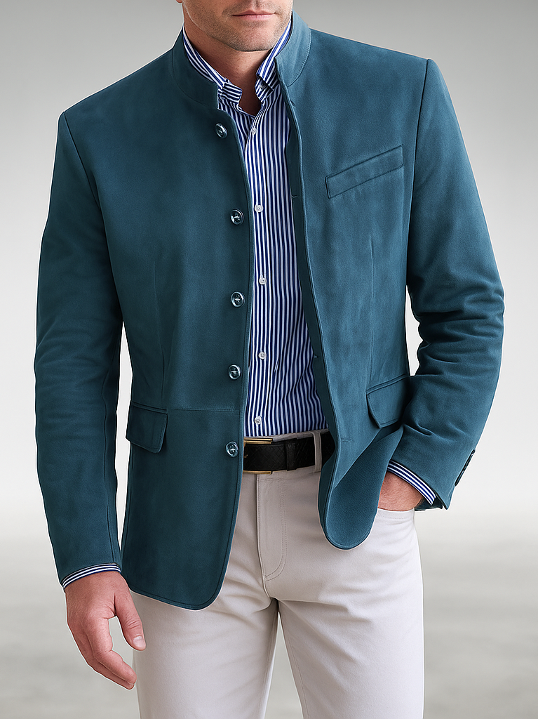 Back view of the Florian tailored formal blazer, showing the smooth drape and construction details from behind.