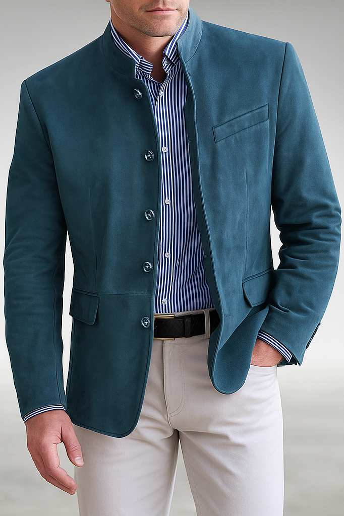 Back view of the Florian tailored formal blazer, showing the smooth drape and construction details from behind.