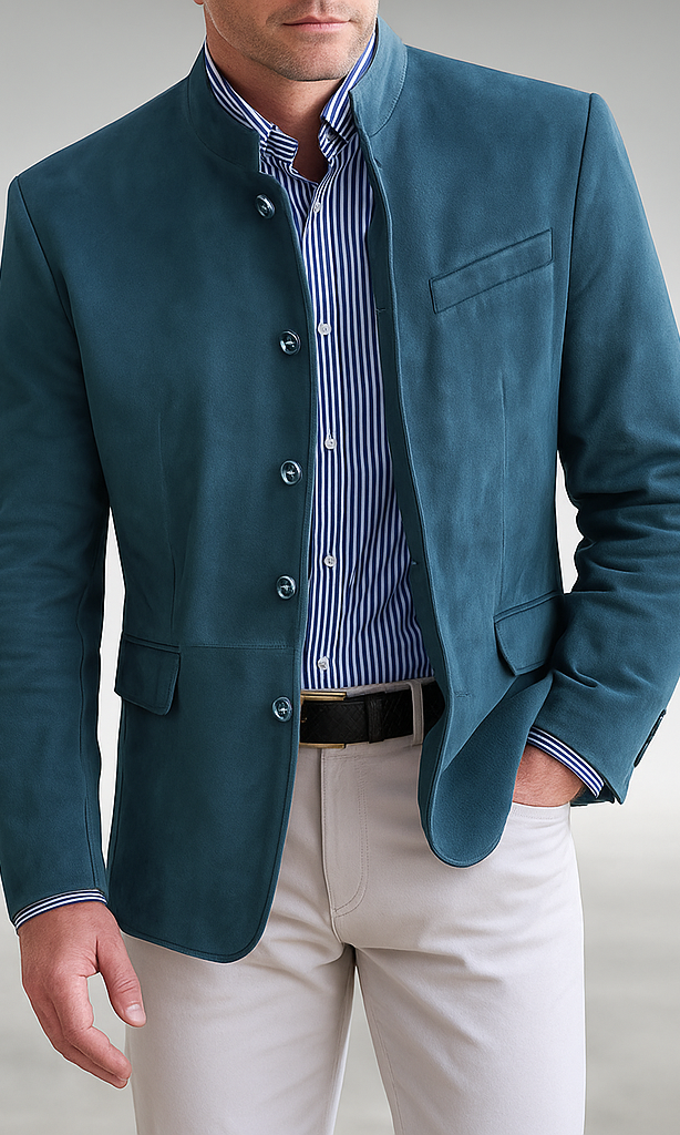 Back view of the Florian tailored formal blazer, showing the smooth drape and construction details from behind.