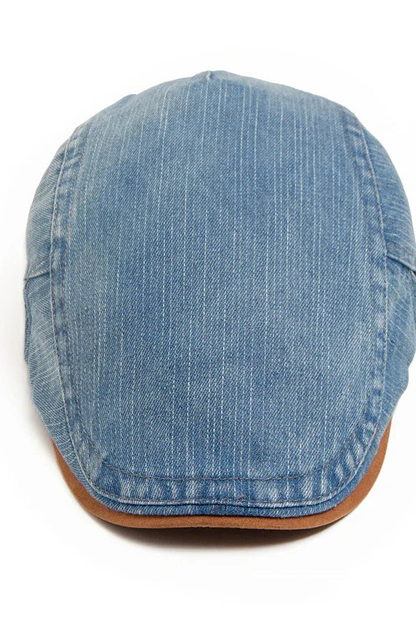 Back view of the denim flat cap, showing the subtle branding or seamless finish of the material.