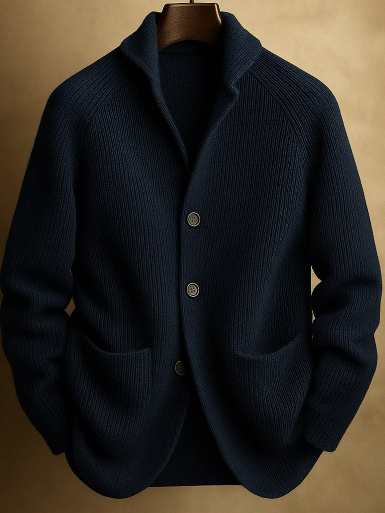 Detail shot of the wool blend fabric, illustrating the soft, tactile quality and tight knit of the stylish cardigan.