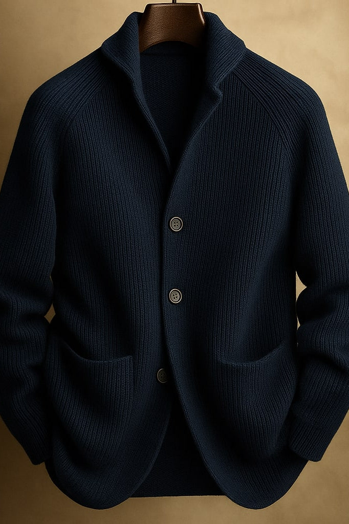 Detail shot of the wool blend fabric, illustrating the soft, tactile quality and tight knit of the stylish cardigan.