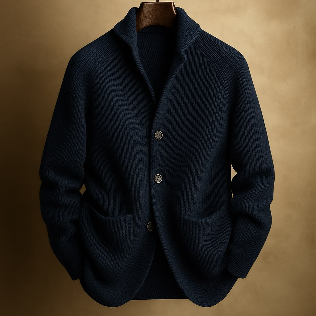 Detail shot of the wool blend fabric, illustrating the soft, tactile quality and tight knit of the stylish cardigan.