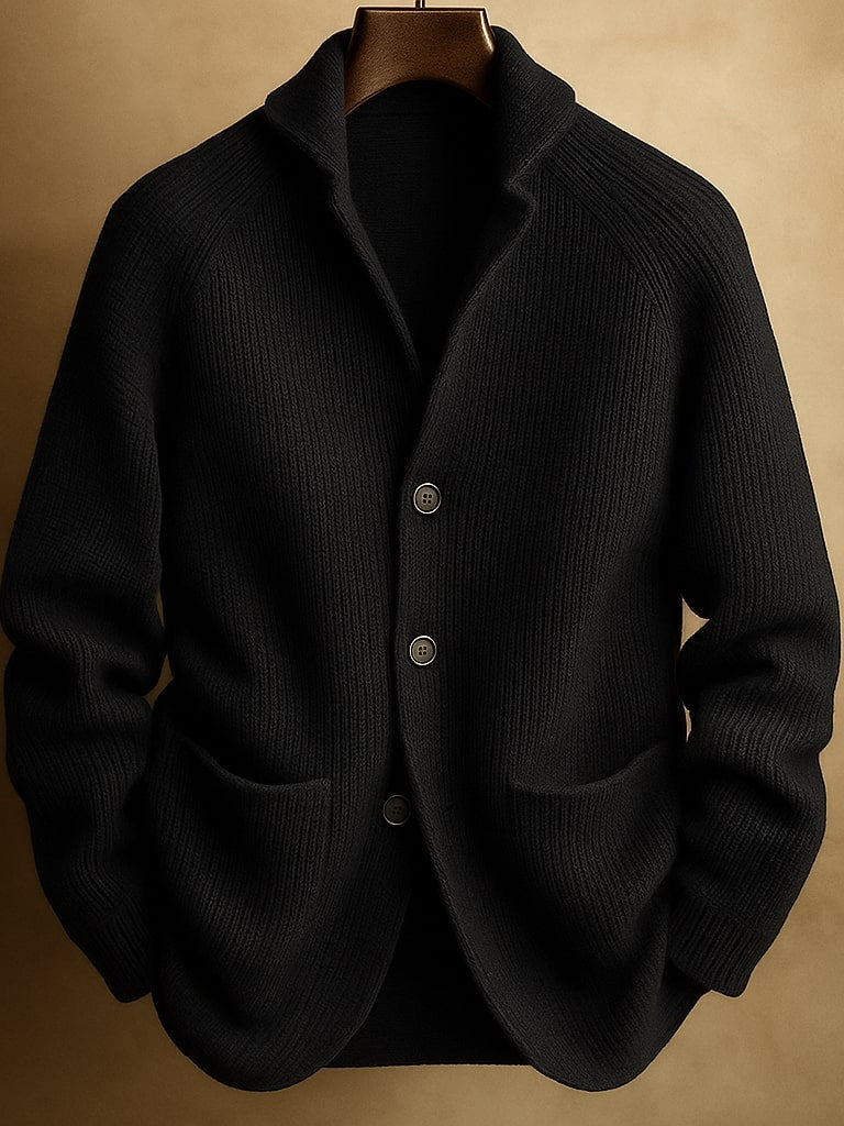 Florian men's cardigan worn open over a white t-shirt, offering a casual and comfortable layering example.