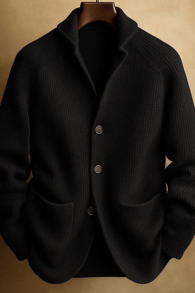 Florian men's cardigan worn open over a white t-shirt, offering a casual and comfortable layering example.