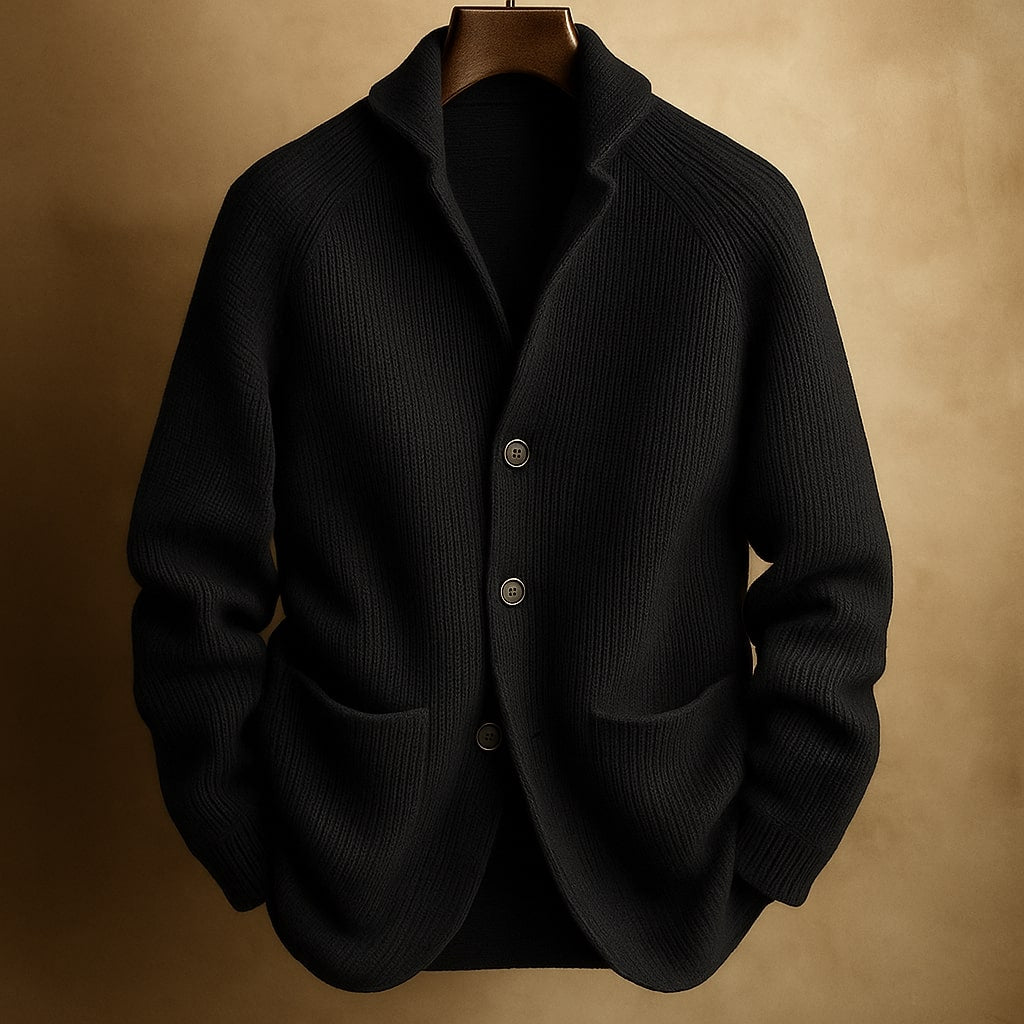 Florian men's cardigan worn open over a white t-shirt, offering a casual and comfortable layering example.