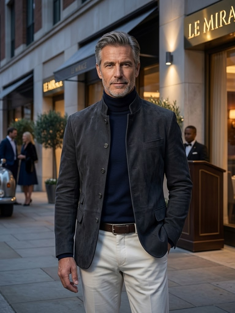 Full-body shot of a man confidently posing in the yellow Florian tailored formal blazer, making a bold statement.