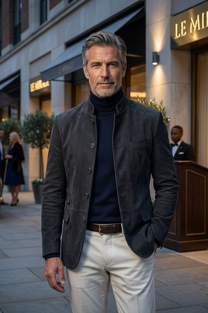Full-body shot of a man confidently posing in the yellow Florian tailored formal blazer, making a bold statement.