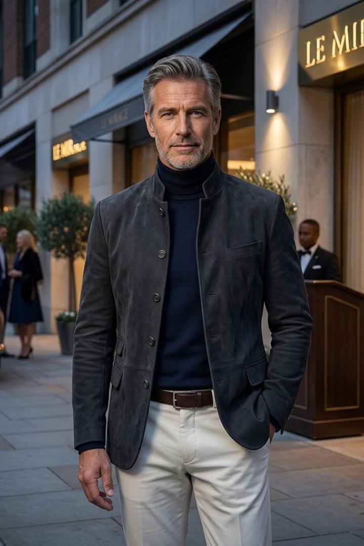 Full-body shot of a man confidently posing in the yellow Florian tailored formal blazer, making a bold statement.