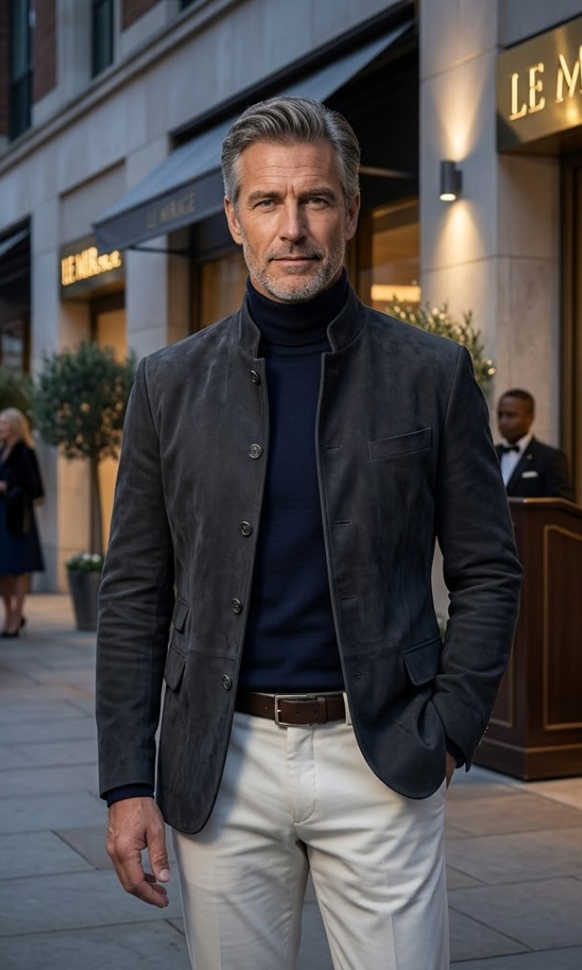 Full-body shot of a man confidently posing in the yellow Florian tailored formal blazer, making a bold statement.