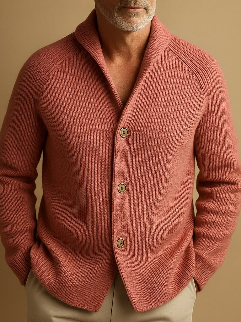 Full-length shot of a man wearing the Florian wool blend cardigan, styled with jeans for a relaxed autumn look.