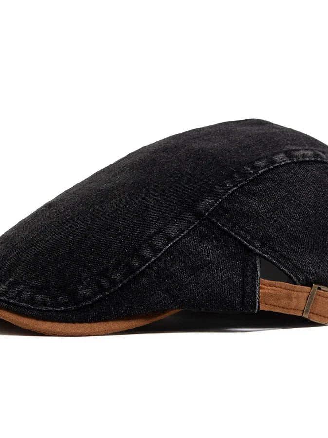 Detail of the internal lining and stitching of the premium denim flat cap, indicating craftsmanship.