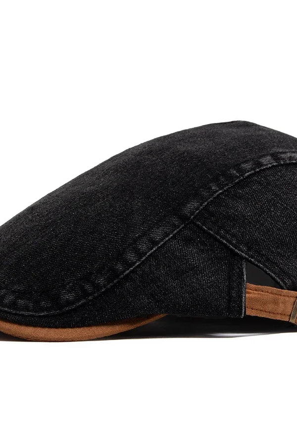 Detail of the internal lining and stitching of the premium denim flat cap, indicating craftsmanship.