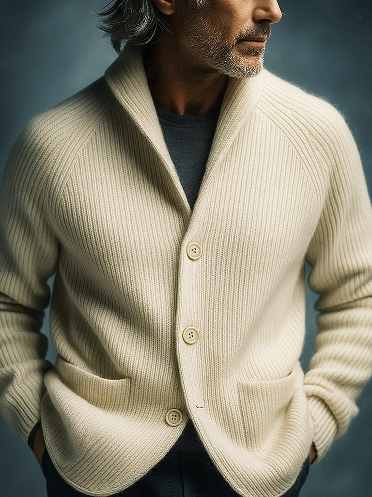 Folded Florian cardigan, neatly presented to show the quality of the material and its compact storage potential.