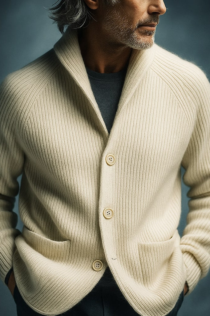 Folded Florian cardigan, neatly presented to show the quality of the material and its compact storage potential.