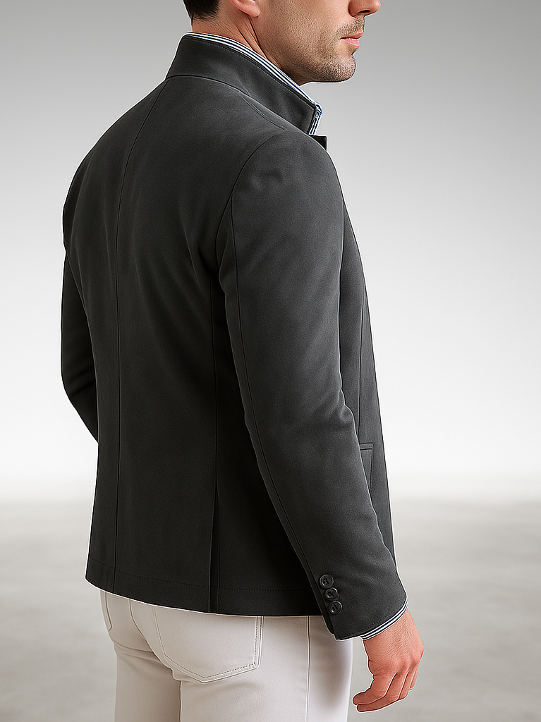 Three Florian tailored formal blazers in grey, navy, and yellow, neatly arranged, showcasing the color options.
