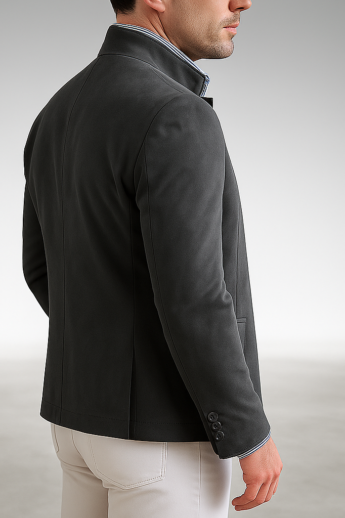 Three Florian tailored formal blazers in grey, navy, and yellow, neatly arranged, showcasing the color options.