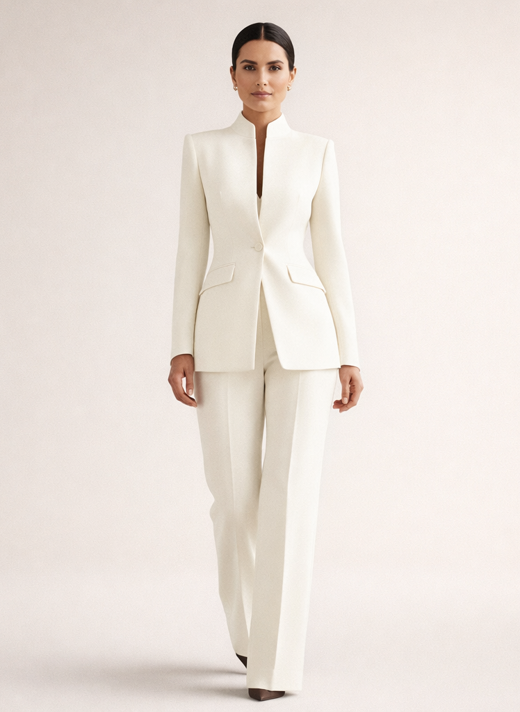 Close-up of the waistband and subtle flap pocket detail on elegant tailored pants.