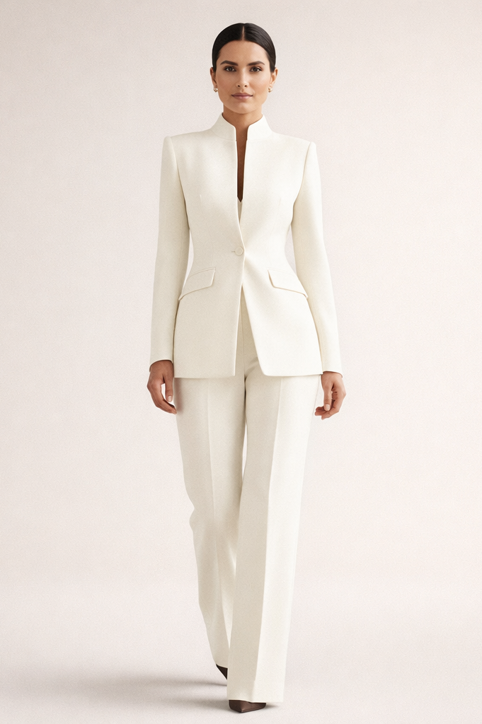 Close-up of the waistband and subtle flap pocket detail on elegant tailored pants.