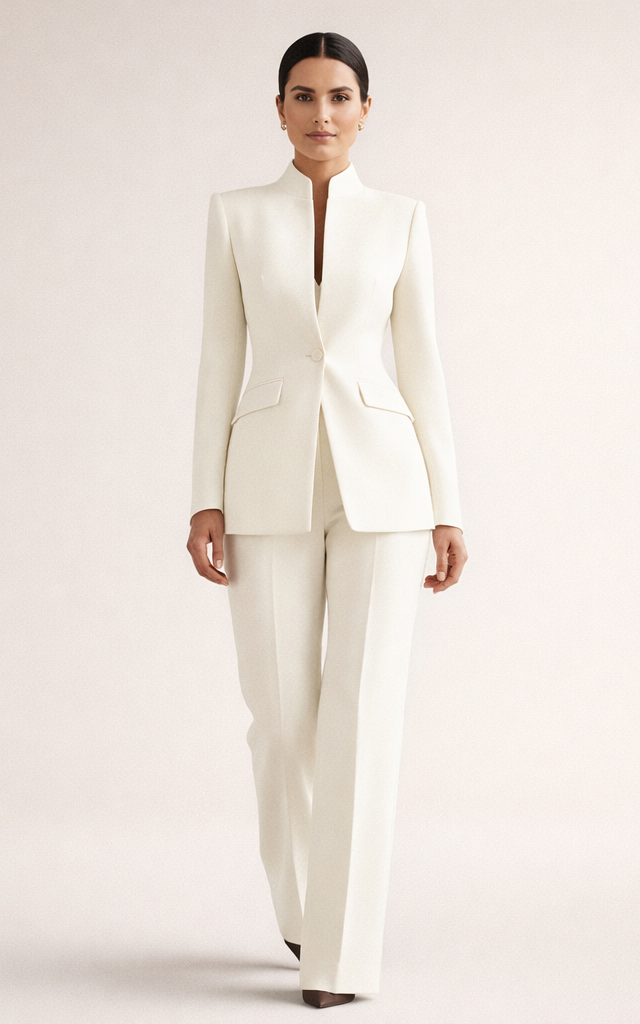 Close-up of the waistband and subtle flap pocket detail on elegant tailored pants.