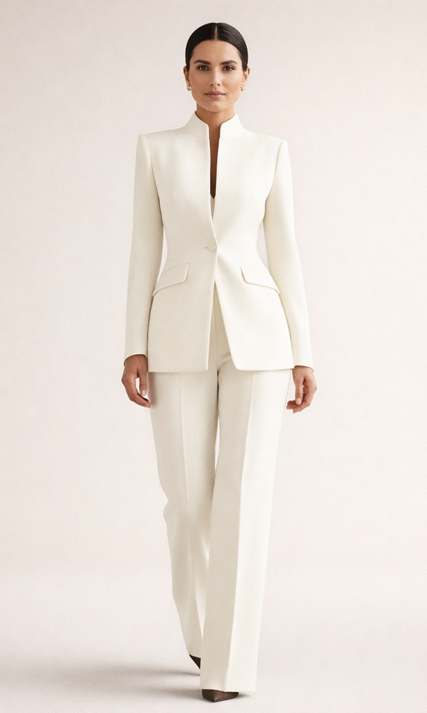 Close-up of the waistband and subtle flap pocket detail on elegant tailored pants.