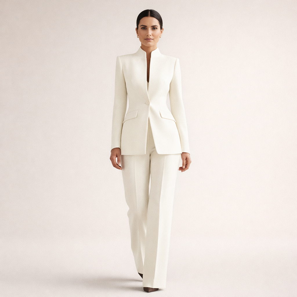 Close-up of the waistband and subtle flap pocket detail on elegant tailored pants.
