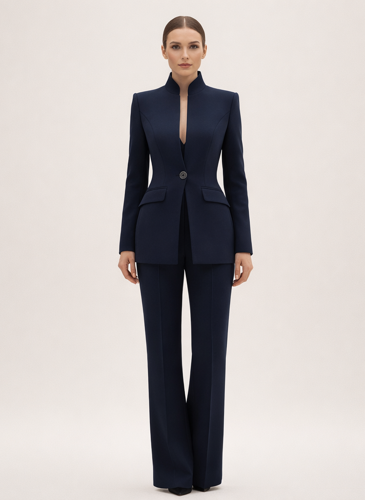Side profile of a woman wearing the stylish black tailored pants, highlighting the fit.