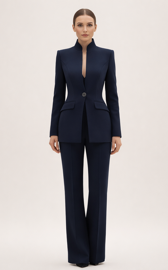 Side profile of a woman wearing the stylish black tailored pants, highlighting the fit.