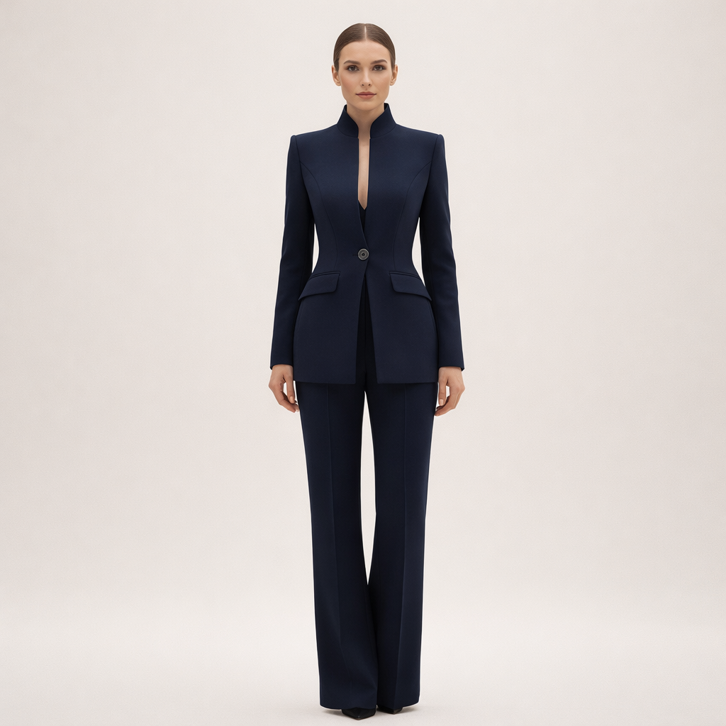 Side profile of a woman wearing the stylish black tailored pants, highlighting the fit.