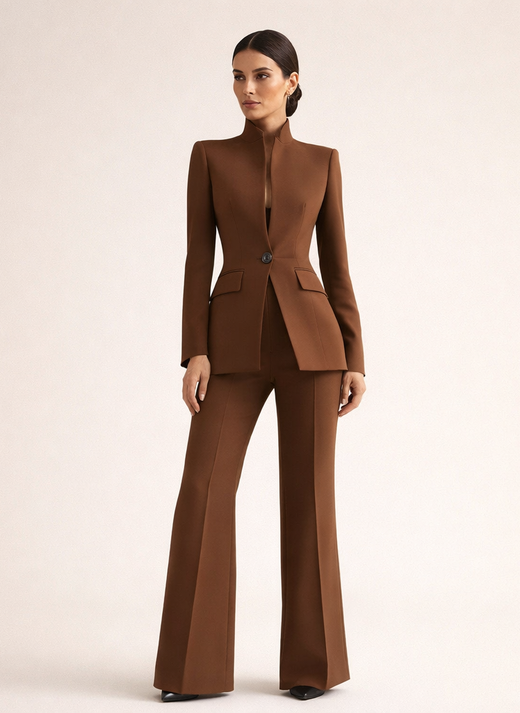 Full-length view of the versatile elegant tailored pants, paired with a matching top.