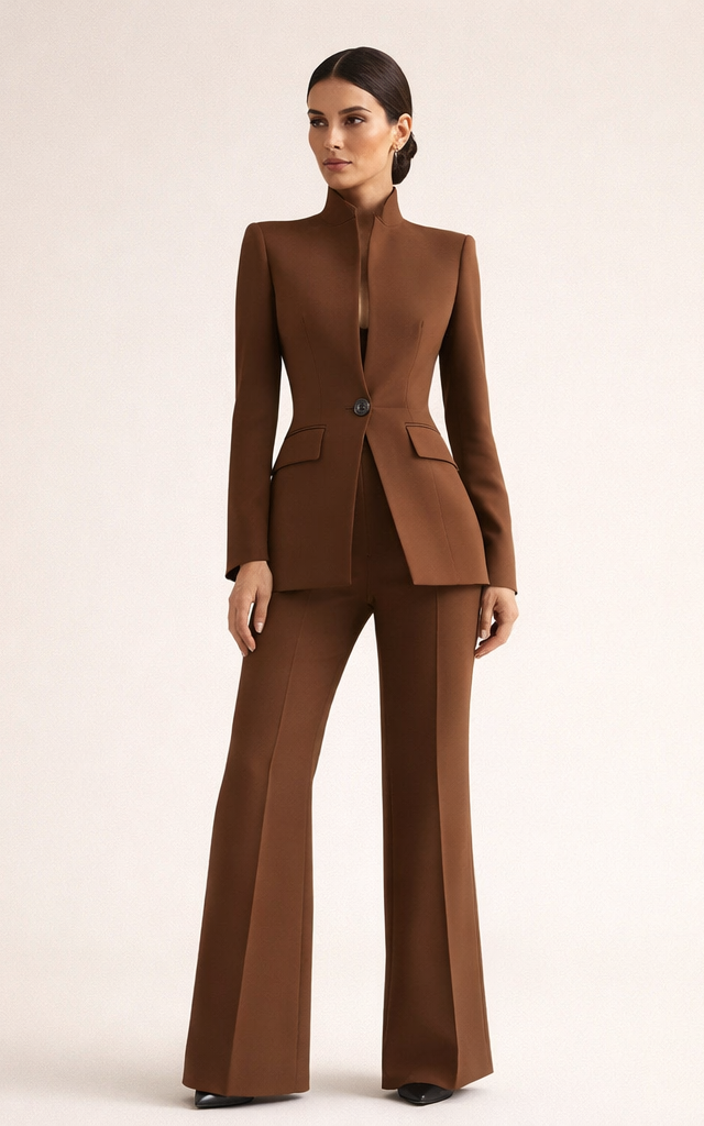 Full-length view of the versatile elegant tailored pants, paired with a matching top.