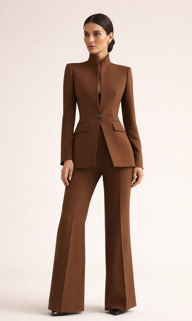 Full-length view of the versatile elegant tailored pants, paired with a matching top.