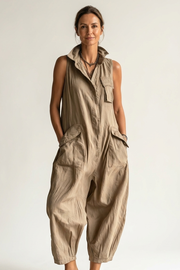 Model wearing the khaki sleeveless jumpsuit in a casual outdoor setting, demonstrating its comfort.