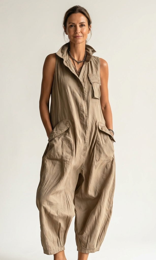 Model wearing the khaki sleeveless jumpsuit in a casual outdoor setting, demonstrating its comfort.