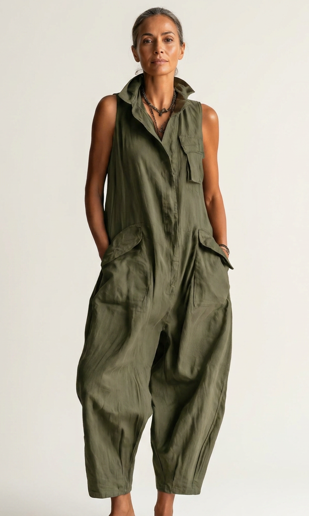 Lifestyle image of the black sleeveless jumpsuit styled with accessories for a warm evening out.